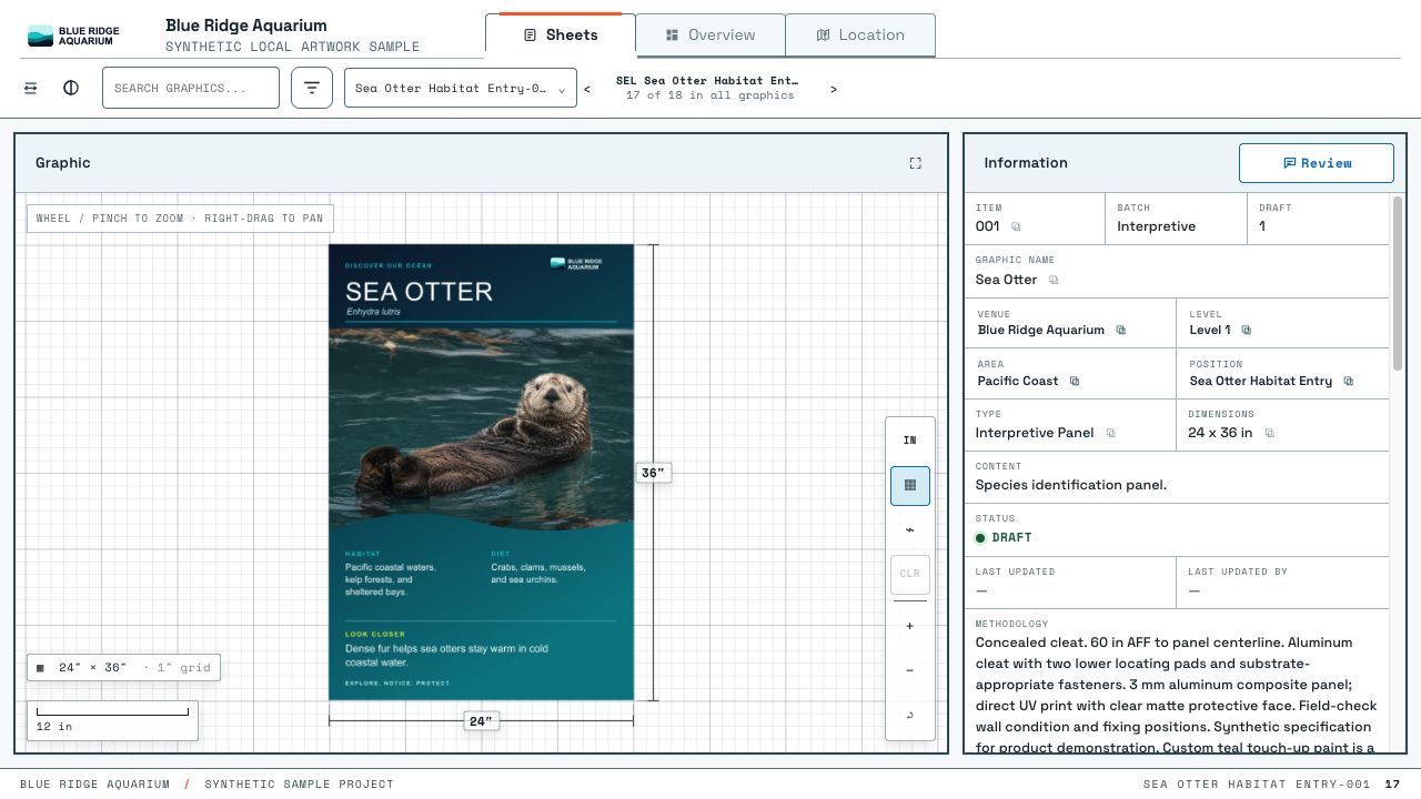 titleblocks Viewer showing the Blue Ridge Aquarium Sea Otter artwork, its dimensions, materials, location, and review tools.